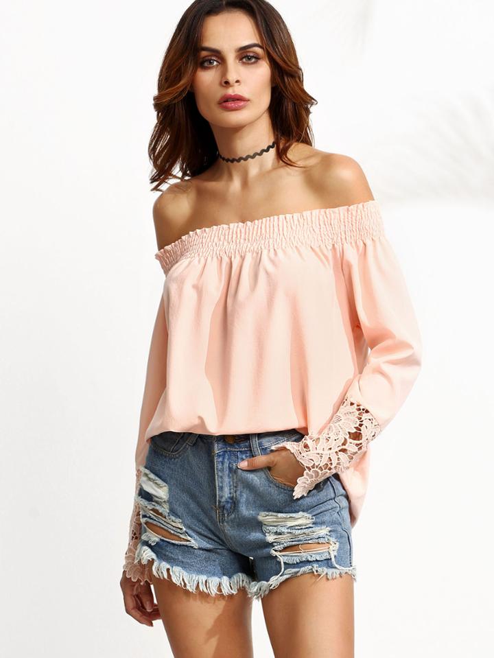 Shein Pink Off The Shoulder Crochet Trim Blouse