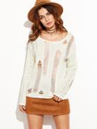 Shein White Scoop Neck Drop Shoulder Ripped Sweater