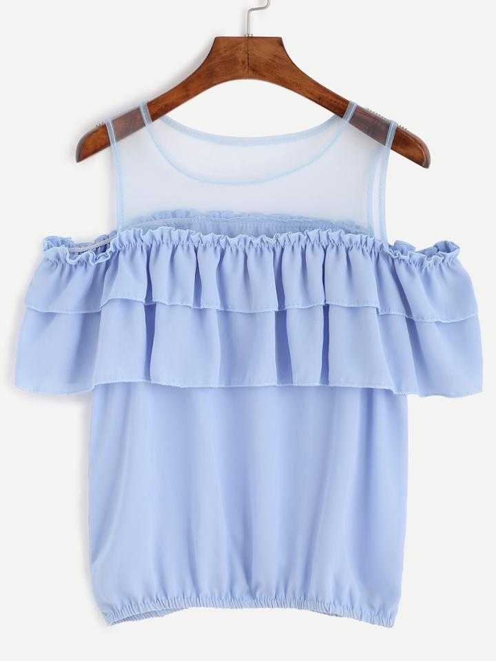 Shein Blue Open Shoulder Mesh Insert Ruffle Blouse