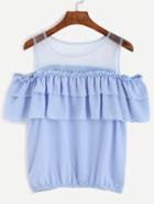 Shein Blue Open Shoulder Mesh Insert Ruffle Blouse
