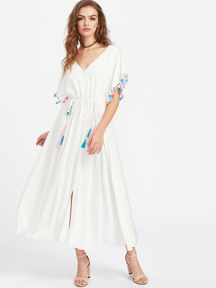 Shein Tassel Trim V Back Drawstring Waist Batwing Dress