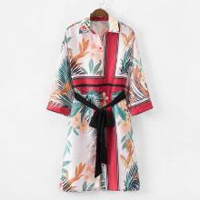 Shein Foliage Print Self Tie Shirt Dress