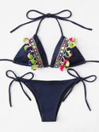Shein Pom Pom Decorated Denim Bikini Set