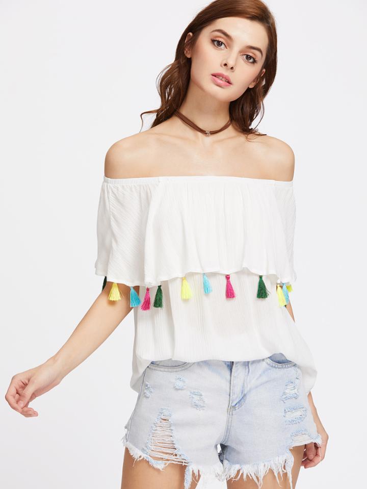 Shein Flounce Layered Neckline Tassel Trim Top