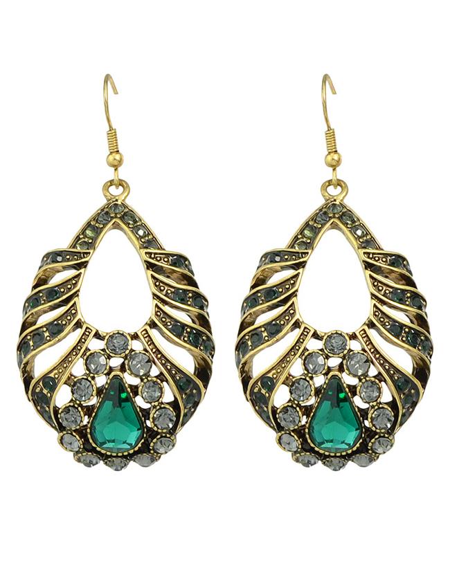 Shein Green Rhinestone Drop Leaf Earrings