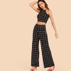 Shein Grid Print Halter Top With Wide Leg Pants