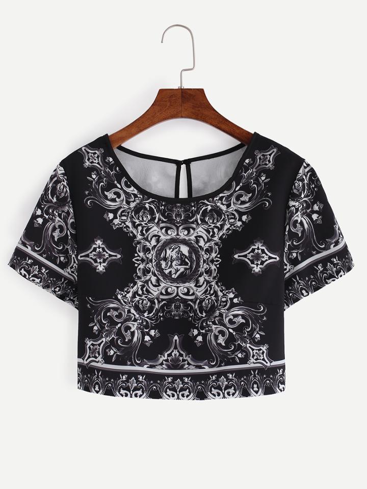 Shein Vintage Print Keyhole Back Crop T-shirt