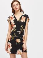 Shein Flowers Print Cap Sleeve Wrap Dress