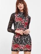Shein Black Embroidered Rose Applique Floral Lace Bodycon Dress
