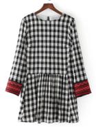 Shein Embroidered Cuff Tassel Tie Back Gingham Dress