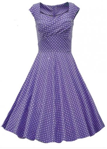 Rosewe Dot Print Light Purple Cap Sleeve Flare Dress