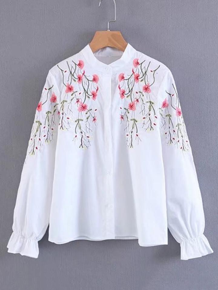Shein Flute Sleeve Embroidery Blouse