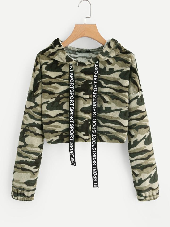 Shein Printed Strap Crop Camo Fleece Hoodie