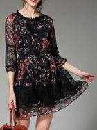 Shein Black Sheer Print Contrast Lace Dress