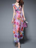 Shein Multicolor V Neck Cap Sleeve Backless Print Maxi Dress