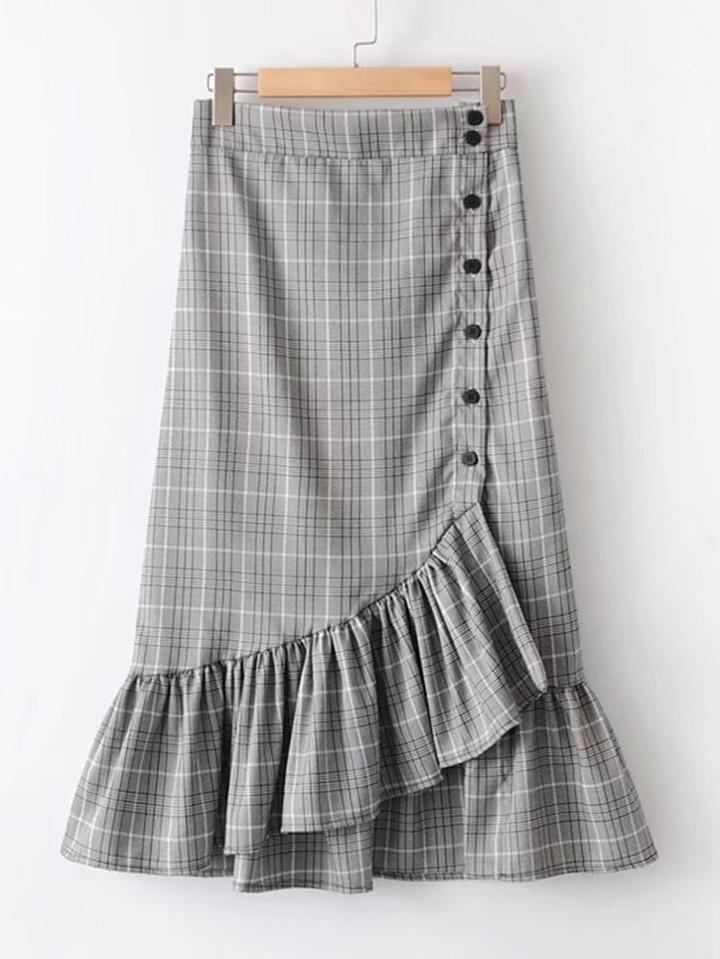 Shein Button Up Glen Plaid Flare Skirt