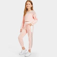Shein Girls Fishnet Insert Top & Tape Side Pants Set