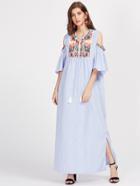 Shein Aztec Embroidered Open Shoulder Tassel Tie Neck Pinstriped Dress