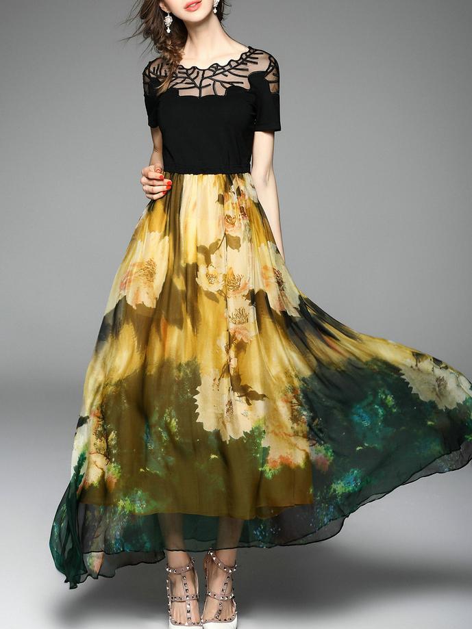 Shein Yellow Gauze Embroidered Print Maxi Dress