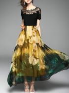 Shein Yellow Gauze Embroidered Print Maxi Dress