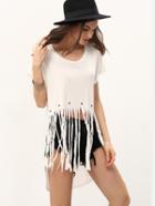 Shein Beige Short Sleeve Tassel High Low T-shirt