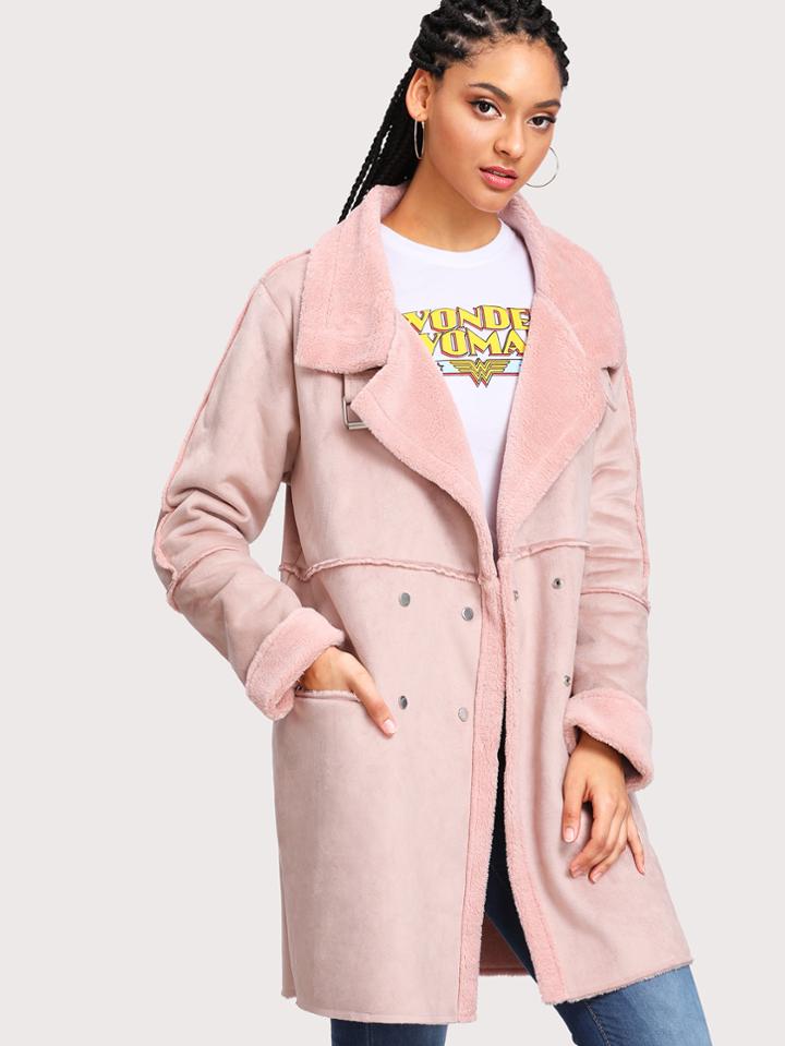 Shein Seam Detail Faux Fur Lined Suede Coat