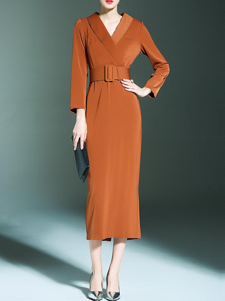 Shein Camel V Neck Obi Maxi Dress