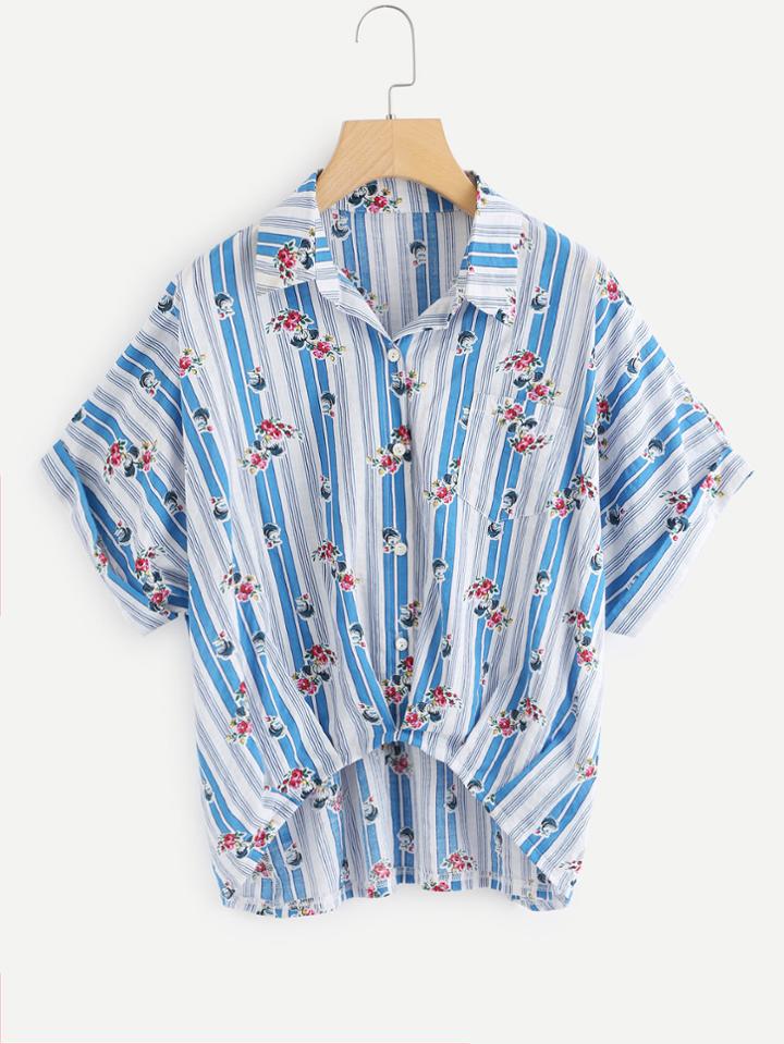 Shein Calico Print Striped Dip Hem Shirt
