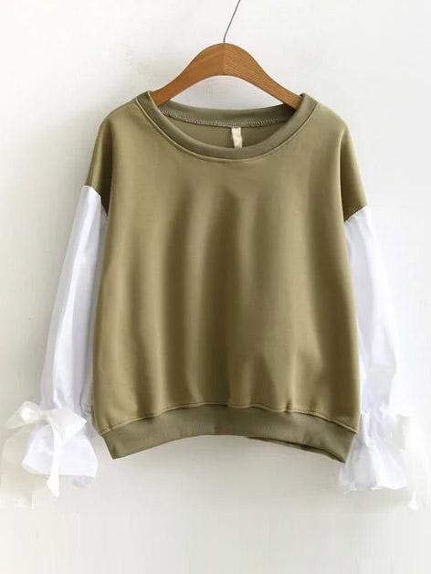 Shein Army Green Color Block Sweatshirt With Bow Tie