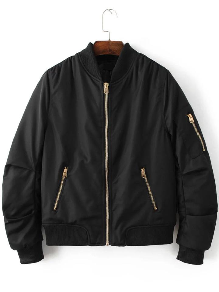 Shein Black Stand Collar Zipper Pocket Padded Jacket