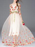 Shein Apricot V Neck Backless Gauze Embroidered Lace Dress