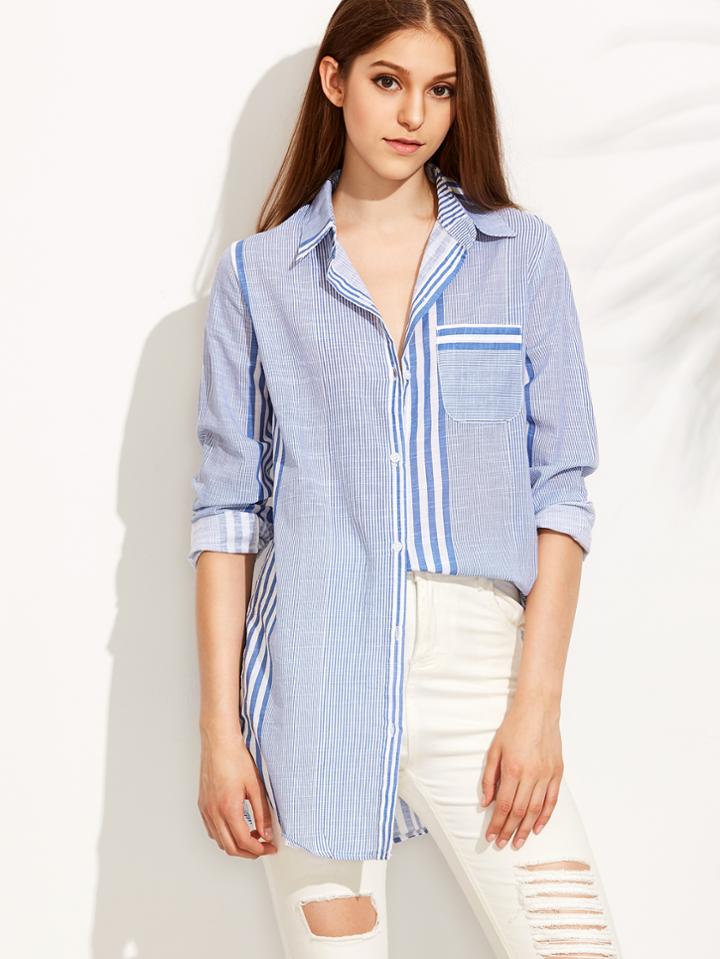 Shein Blue Striped Curved Hem Shirt