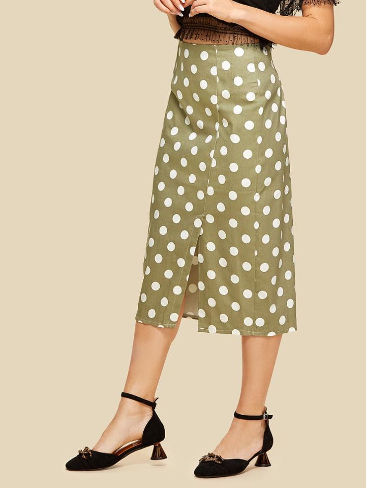 Shein Pleated Back Polka Dot Split Hem Skirt
