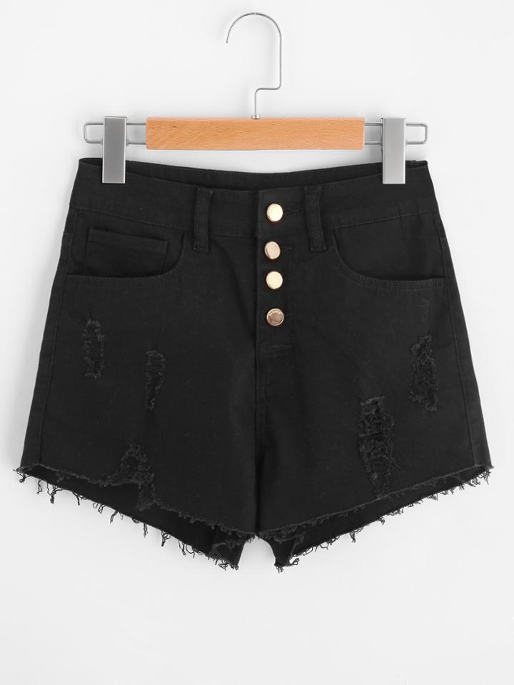 Shein Raw Cut Gold Button Denim Shorts