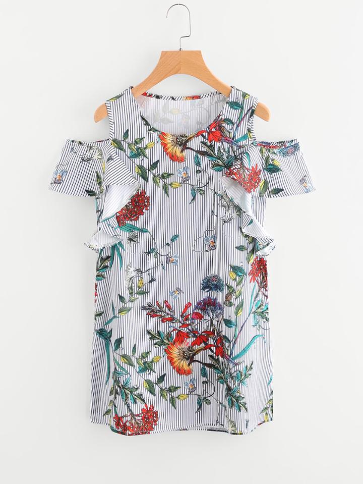 Shein Open Shoulder Floral Print Pinstripe Frill Trim Dress