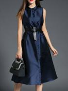 Shein Navy Lapel Belted A-line Dress