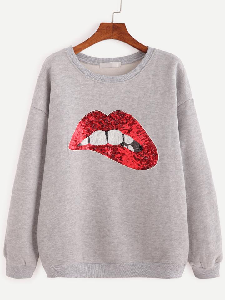 Shein Grey Drop Shoulder Sequin Sweatshirt