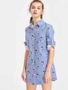 Shein Cat Stripe Print Roll Tab Sleeve Curved Shirt Dress