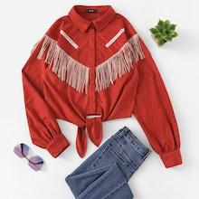 Shein Fringe Trim Knot Front Shirt