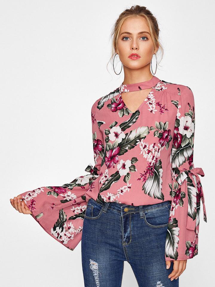 Shein Bow Tie Exaggerated Trumpet Sleeve Choker Neck Top