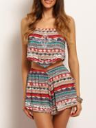 Shein Multicolor Strapless Tribal Print Top With Shorts