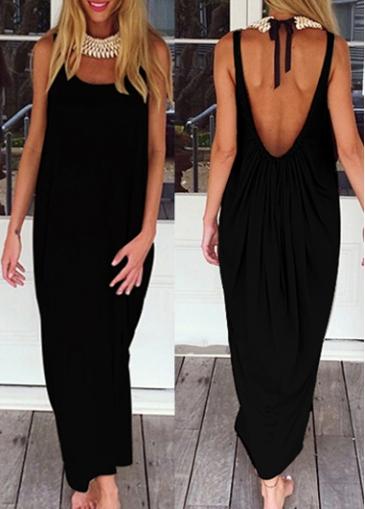 Rosewe Open Back Sleeveless Black Maxi Dress