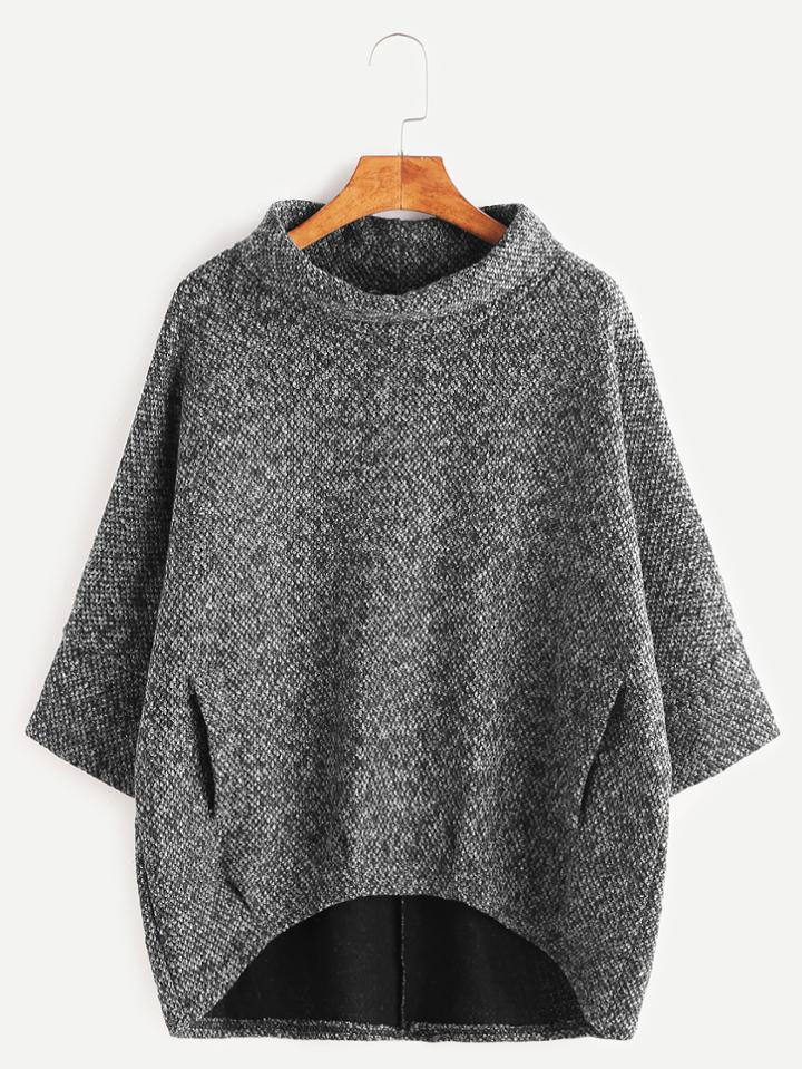 Shein Grey Turtleneck Dip Hem Pockets Sweatshirt