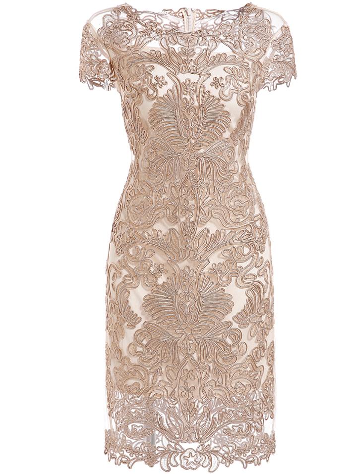Shein Apricot Round Neck Short Sleeve Bodycon Lace Dress