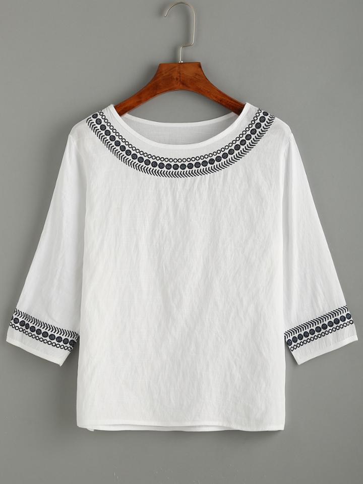 Shein White Embroidered Trim Blouse