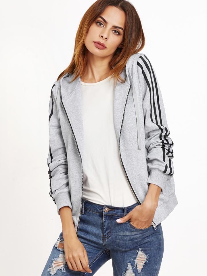 Shein Heather Grey Striped Sleeve Zip Up Hoodie