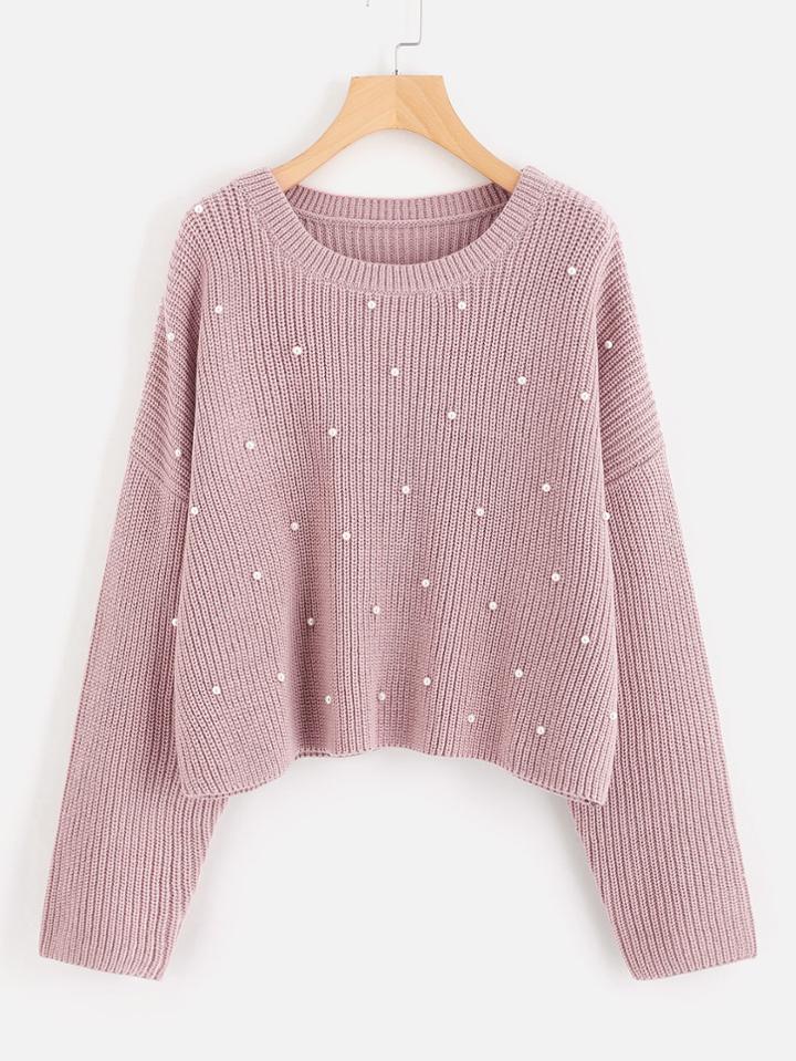 Shein Drop Shoulder Pearl Beading Sweater
