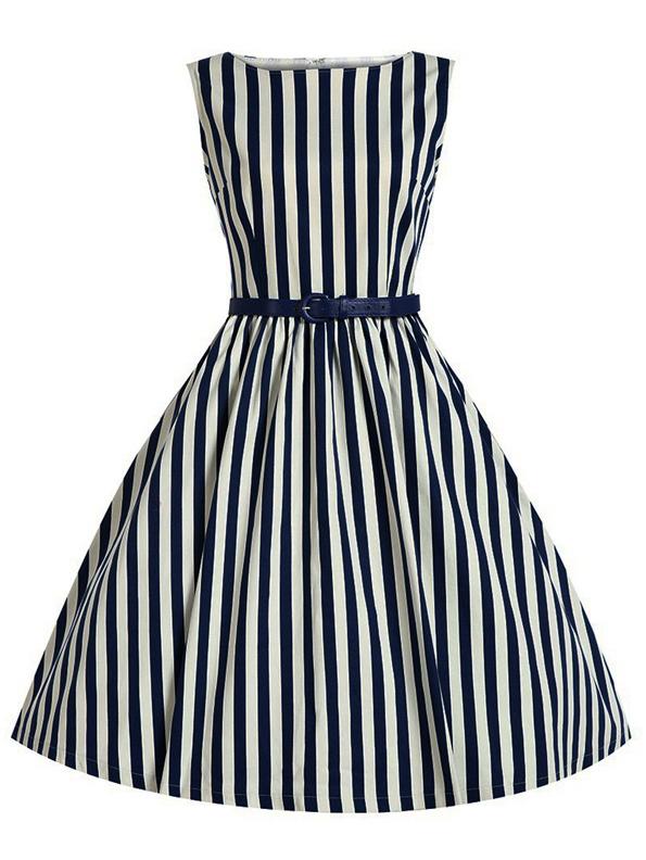 Shein Blue Vertical Striped Flare Dress With Belt