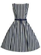 Shein Blue Vertical Striped Flare Dress With Belt