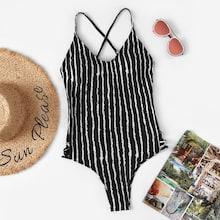 Shein Random Striped Criss Cross Ladder Cut-out One Piece Swimwear